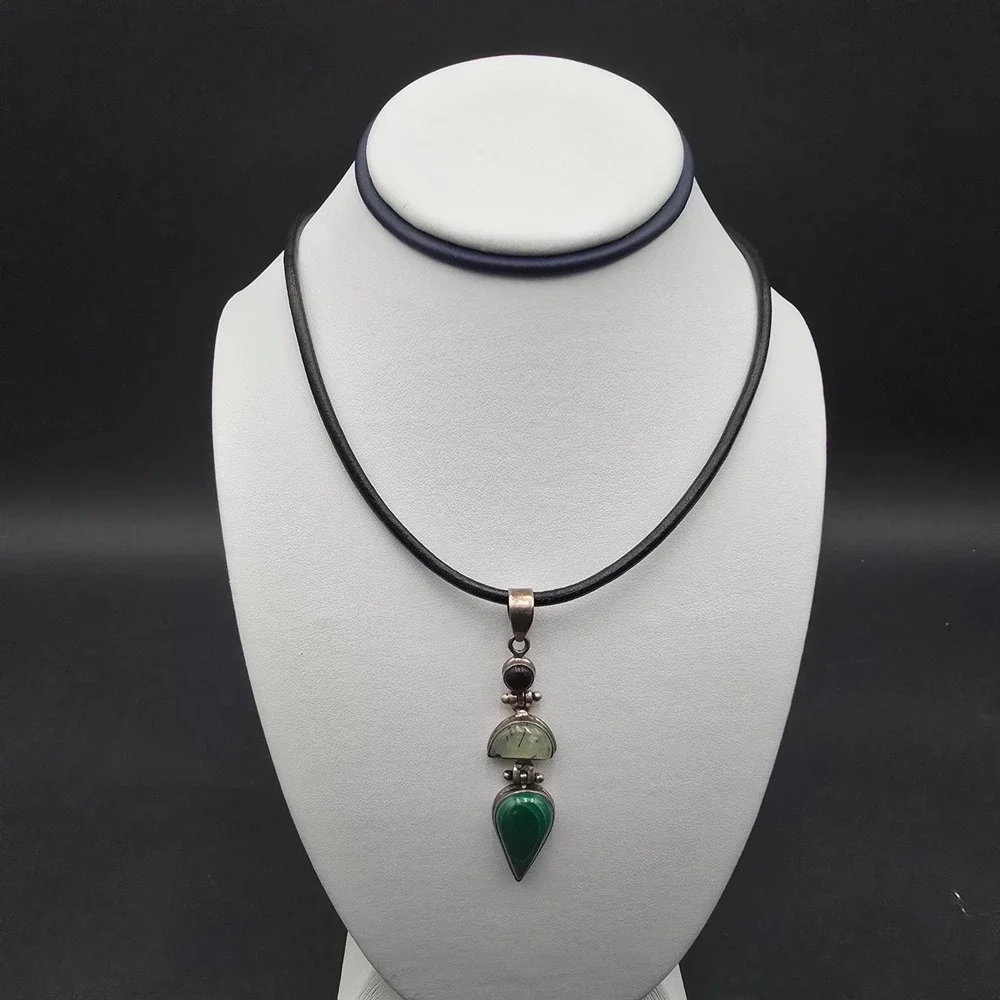 Sterling Silver 925 Malachite Prehnite Onyx Pendant Leather Cord Choker Necklace